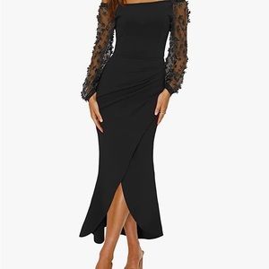 Off Shoulder Dress Sheer Long Sleeve Mesh Ruched Wrap Split Maxi Cocktail dress